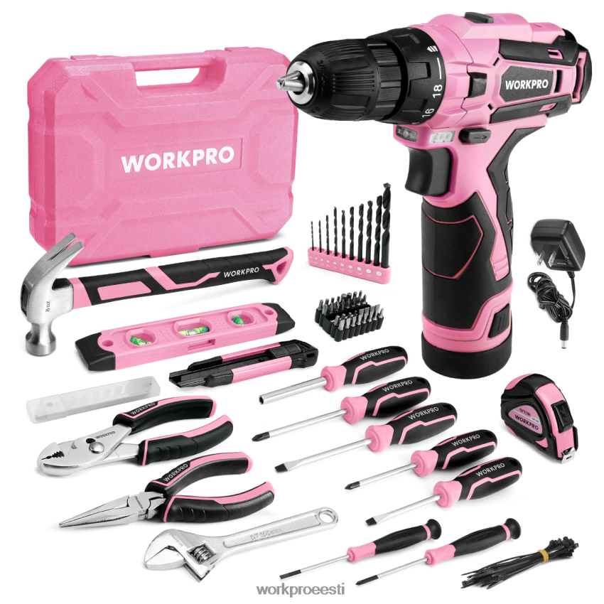 WORKPRO 108-osaline kaasaskantav tööriistakomplekt koos elektritrelliga roosa/hall 68XH6P173 tööriist