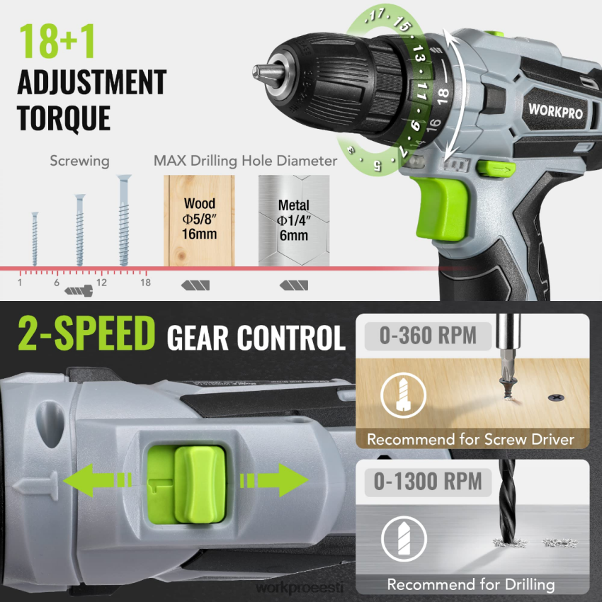 WORKPRO 108-osaline kaasaskantav tööriistakomplekt koos elektritrelliga roosa/hall 68XH6P173 tööriist