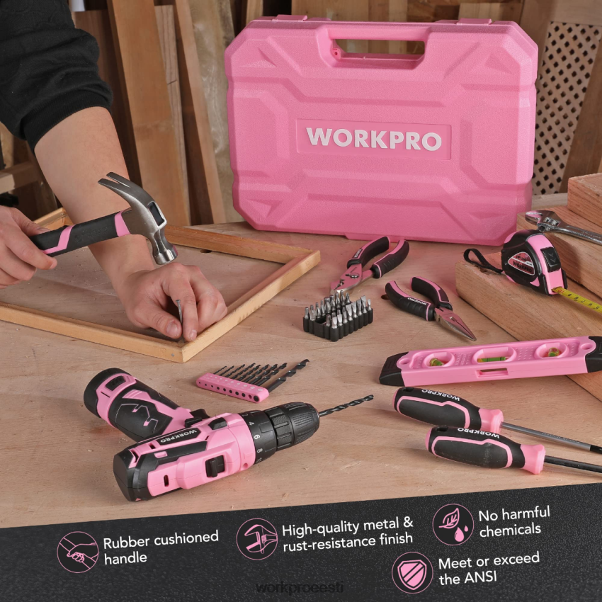 WORKPRO 108-osaline kaasaskantav tööriistakomplekt koos elektritrelliga roosa/hall 68XH6P173 tööriist