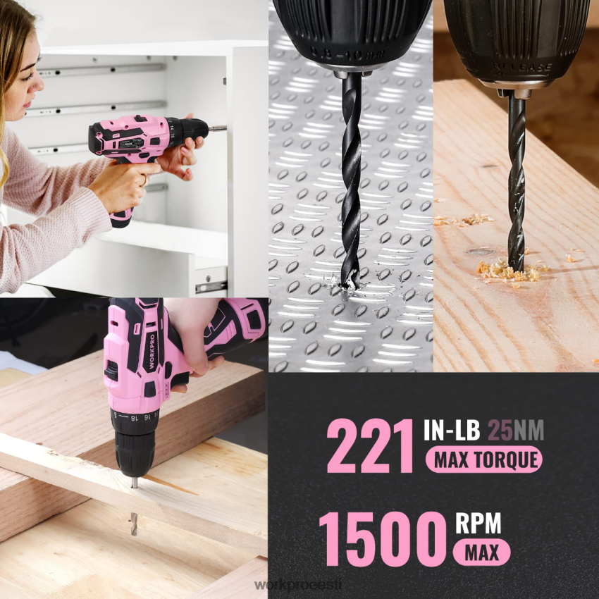 WORKPRO 108-osaline kaasaskantav tööriistakomplekt koos elektritrelliga roosa/hall 68XH6P173 tööriist