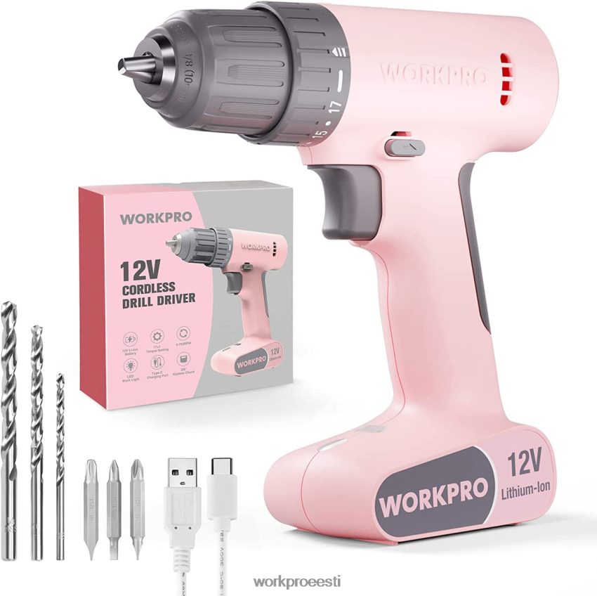 WORKPRO 12 V akutrelli draiveri komplekt 6 tk otsikuga, 3/8-tolline võtmeta padrun, muutuv kiirus, 18 touque seadistus roosa/valge 68XH6P175 tööriist