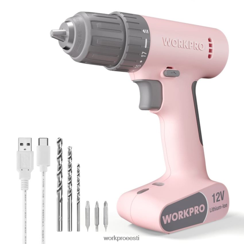 WORKPRO 12 V akutrelli draiveri komplekt 6 tk otsikuga, 3/8-tolline võtmeta padrun, muutuv kiirus, 18 touque seadistus roosa/valge 68XH6P175 tööriist