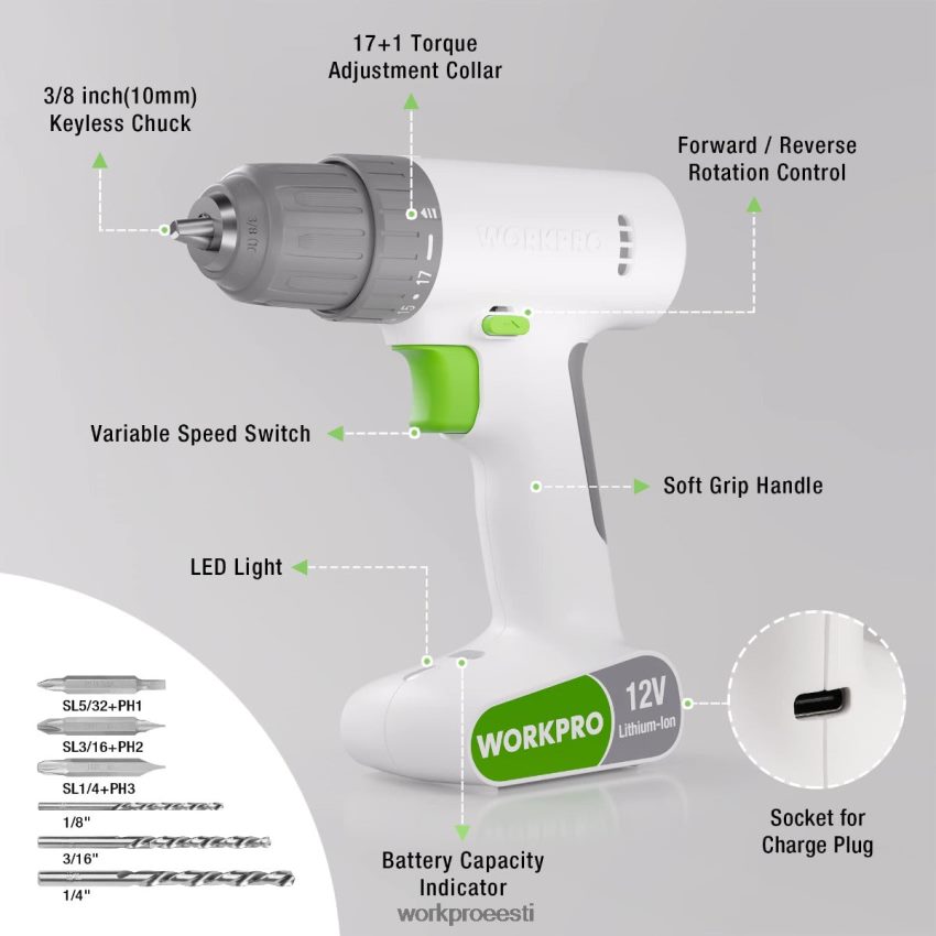 WORKPRO 12 V akutrelli draiveri komplekt 6 tk otsikuga, 3/8-tolline võtmeta padrun, muutuv kiirus, 18 touque seadistus roosa/valge 68XH6P175 tööriist