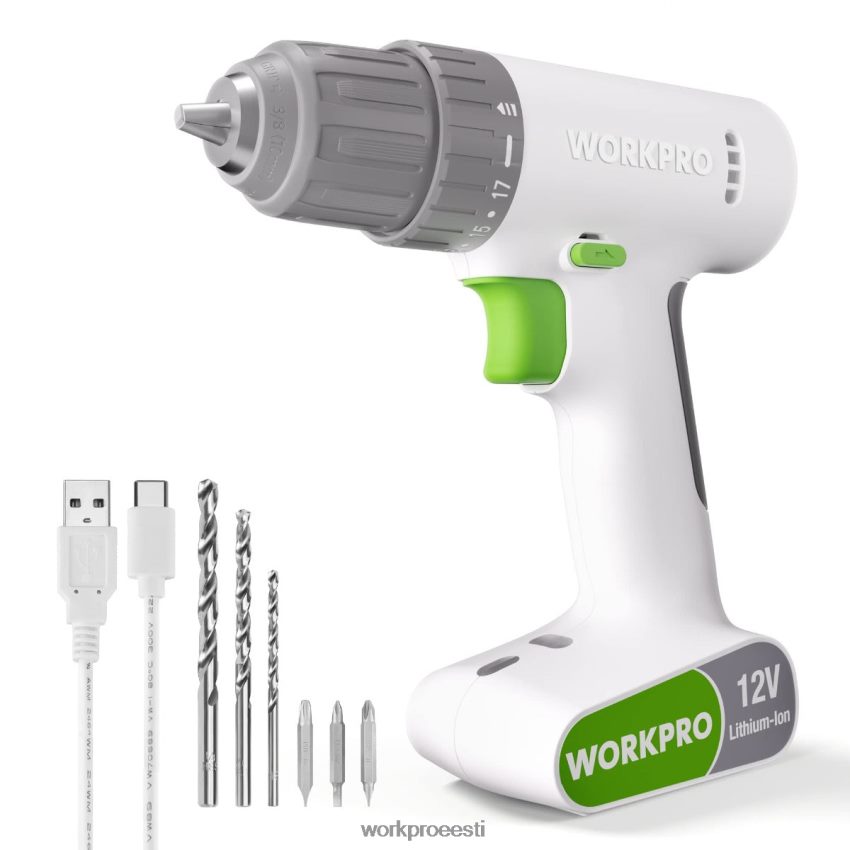 WORKPRO 12 V akutrelli draiveri komplekt 6 tk otsikuga, 3/8-tolline võtmeta padrun, muutuv kiirus, 18 touque seadistus roosa/valge 68XH6P175 tööriist