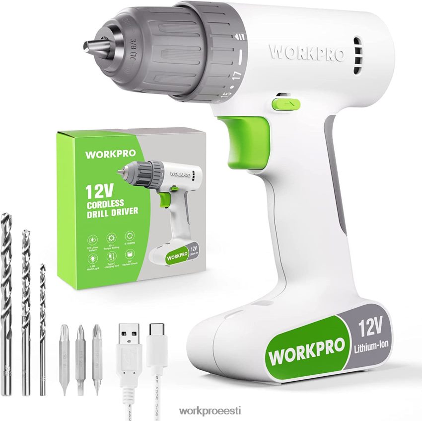 WORKPRO 12 V akutrelli draiveri komplekt 6 tk otsikuga, 3/8-tolline võtmeta padrun, muutuv kiirus, 18 touque seadistus roosa/valge 68XH6P175 tööriist