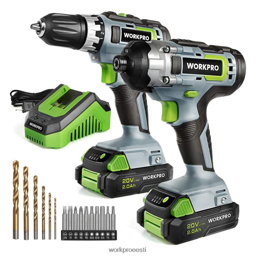 WORKPRO 20 V akutrelli kombineeritud komplekt, puurikeeraja ja löökkeeraja 2x 2,0ah aku ja 1-tunnise kiirlaadijaga abivalmis 68XH6P169 tööriist