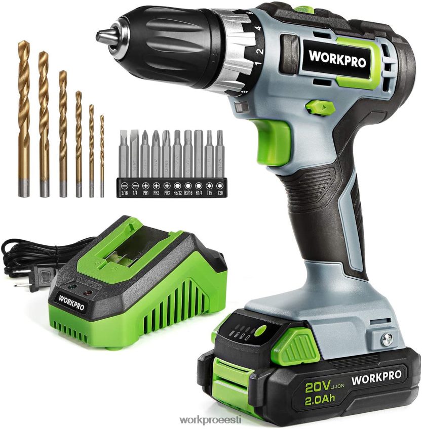 WORKPRO 20 V muutuva kiirusega akutrelli/keeraja komplekt, 18+2 pöördemomendi seadistus, 2,0 ah liitium-ioonaku ja 1-tunnine kiirlaadija morden 68XH6P172 tööriist