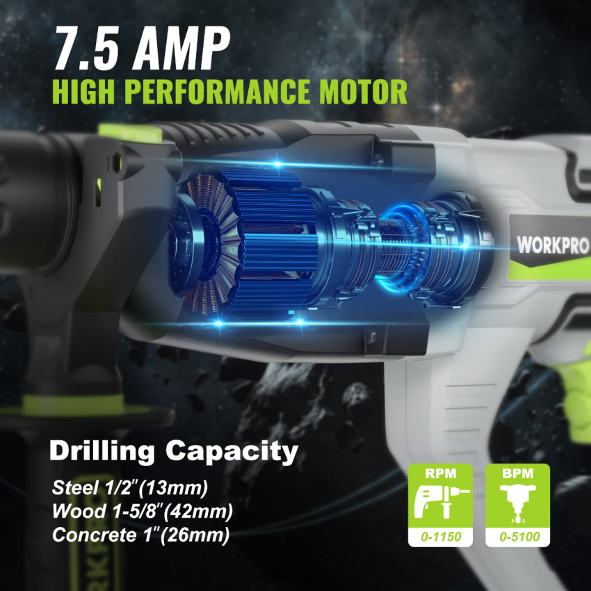 WORKPRO 7,5-amprine 1-1/4-tolline esmaklassiline sds-plus vasarpuur, kerge juhtmega versioon kasulik 68XH6P178 tööriist