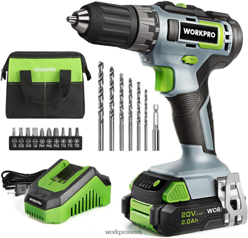 WORKPRO Kaasas 20 V akutrelli draiveri komplekt, 2,0 ah liitium-ioonaku, 1-tunnine kiirlaadija ja 11-tolline hoiukott roheline 68XH6P176 tööriist