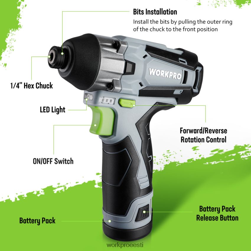 WORKPRO 12 V juhtmeta löökdraiveri komplekt, kuuskant elektriline lööktrell/keeraja komplekt 2,0ah liitiumioonakuga uus 68XH6P190 tööriist