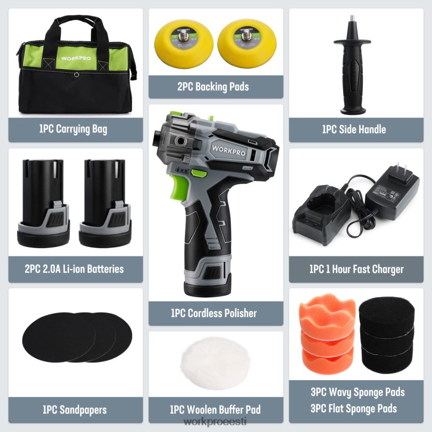 WORKPRO 12 V juhtmeta poleerimismasin, mini auto detailipuhver ja lihvimismasina komplekt 2 liitiumioonakuga kasulik 68XH6P229 tööriist