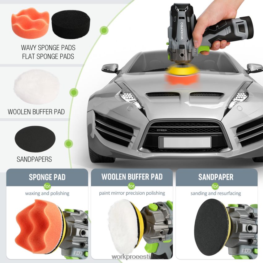 WORKPRO 12 V juhtmeta poleerimismasin, mini auto detailipuhver ja lihvimismasina komplekt 2 liitiumioonakuga kasulik 68XH6P229 tööriist