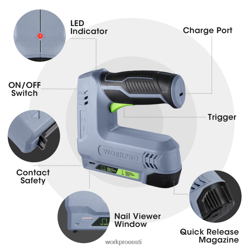 WORKPRO 3,6v 2,0ah akutoitega elektriline juhtmeta kaks-ühes klambri- ja naelapüstol roosa/hall 68XH6P265 tööriist