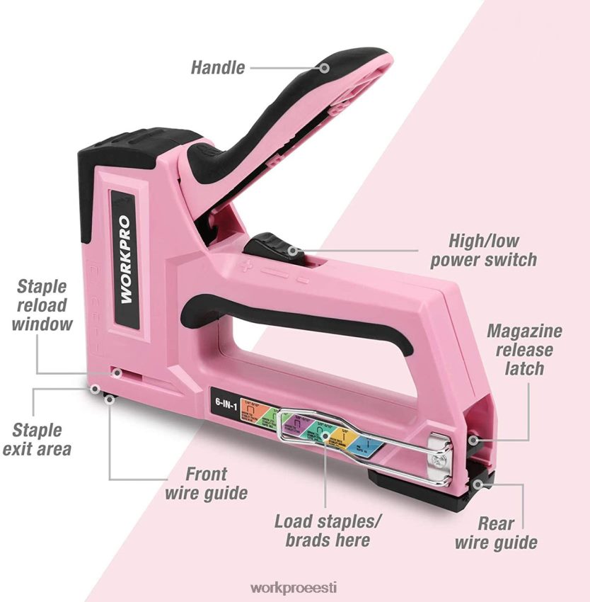 WORKPRO 6-in-1 käsitsi brad nailer polstri klammerdaja naelapüstol roosa/hall 68XH6P59 tööriist