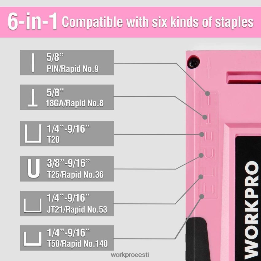 WORKPRO 6-in-1 käsitsi brad nailer polstri klammerdaja naelapüstol roosa/hall 68XH6P59 tööriist