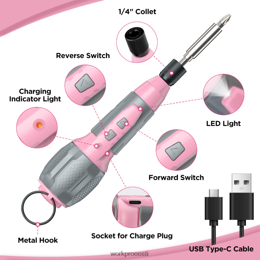 WORKPRO juhtmeta 4v usb laetav liitium-ioonaku kruvikeeraja komplekt roosa/valge 68XH6P236 tööriist