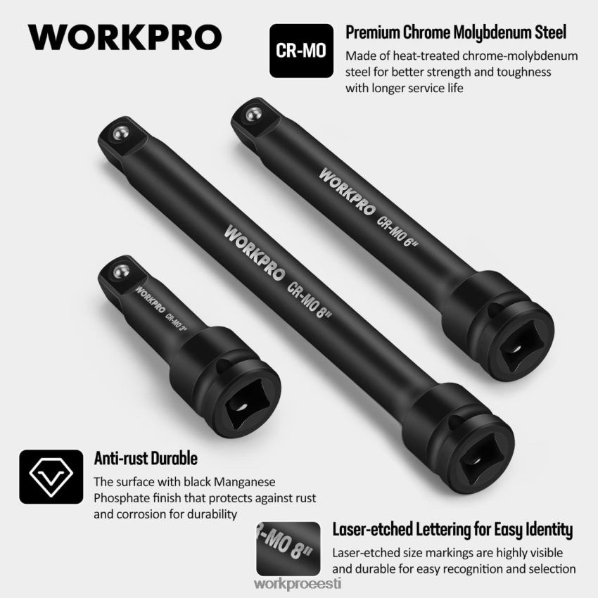 WORKPRO 3 tükki - 3, 6, 8 tolli 1/2-tollise pistikupesaga ajamiga löögipikendusvarda komplektid kasulik 68XH6P202 tööriist