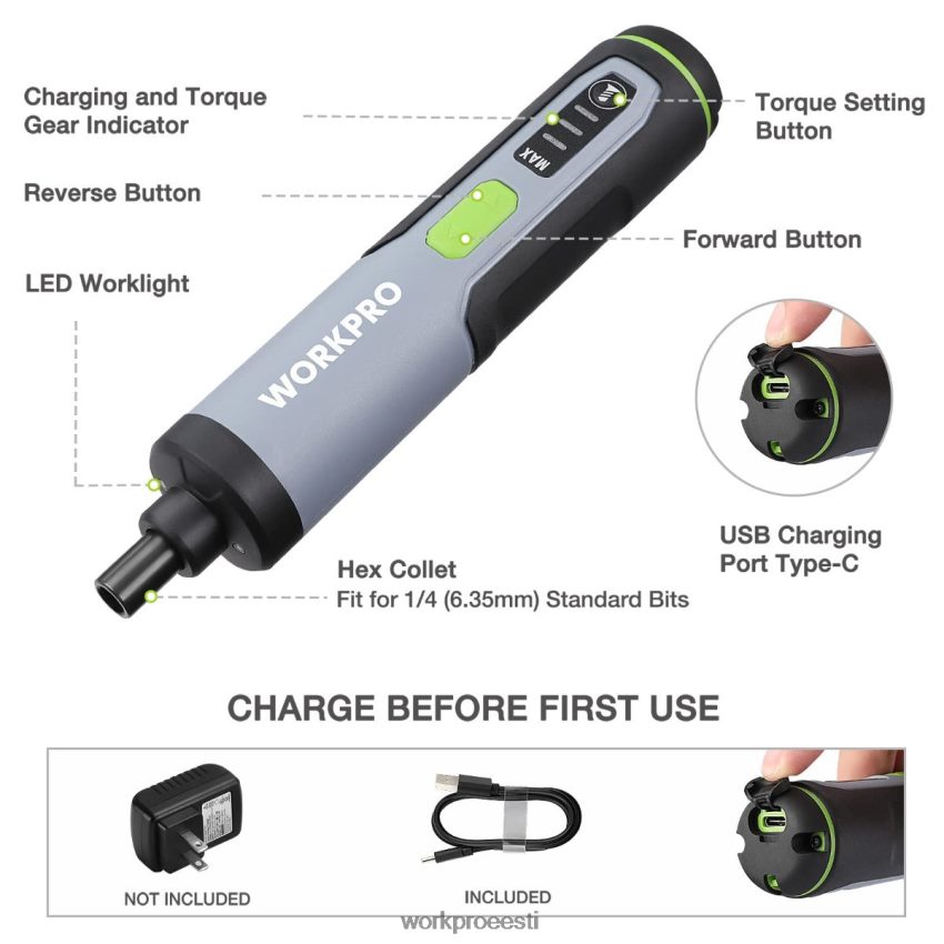 WORKPRO 4v elektriline kruvikeeraja, laetav juhtmeta kruvikeeraja komplekt koos led valgusega kasulik 68XH6P232 tööriist