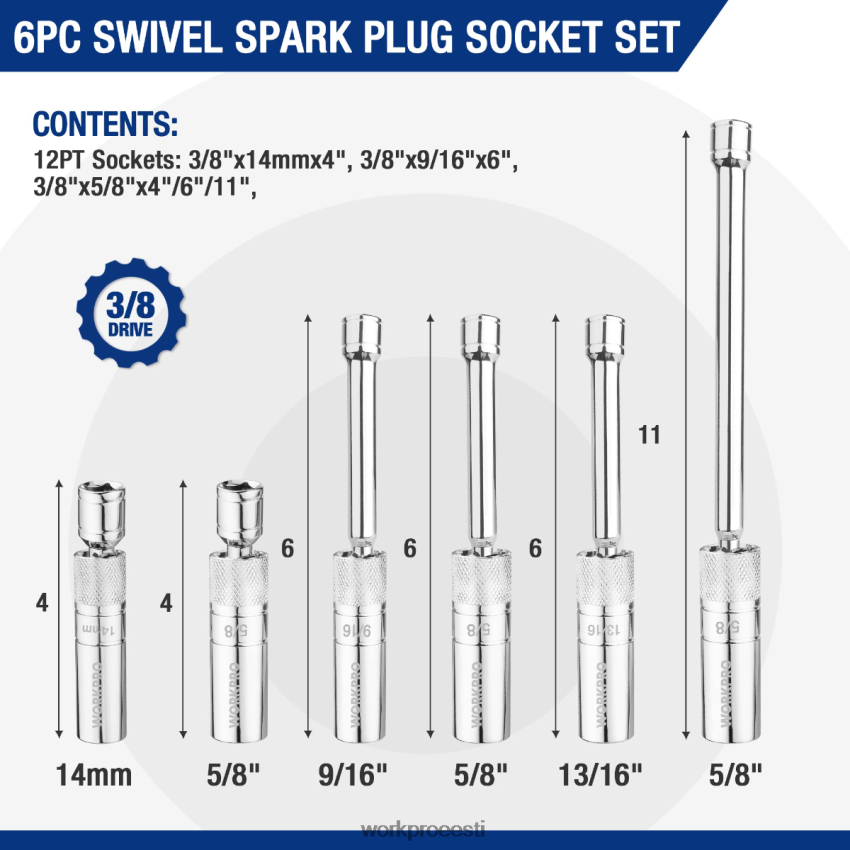 WORKPRO 6 tk-9/16-tolline, 5/8-tolline, 13/16-tolline, 14mm õhukese seinaga pistikupesad 4, 6, 11-tollise pikendusega magnetiliselt pööratav süüteküünla pesa komplekt uus 68XH6P139 tööriist