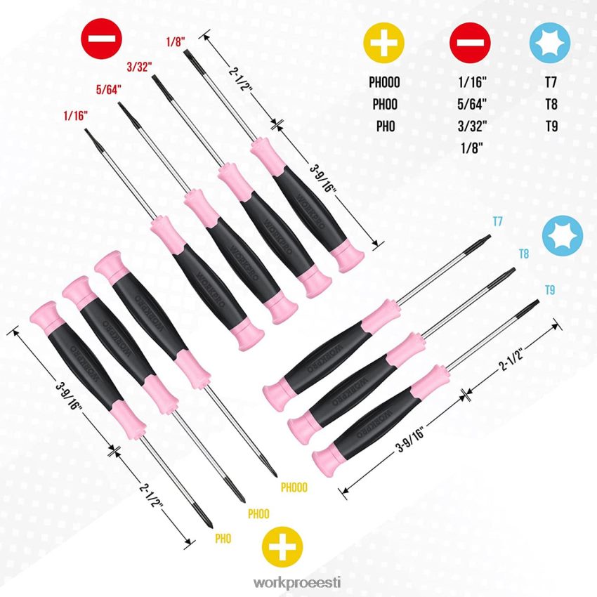 WORKPRO 10 tk täppiskruvikeerajate komplekt kotiga, phillips, piludega, torx star, magnetilise otsaga väikese kruvikeeraja remondikomplekt roosa 68XH6P255 tööriist