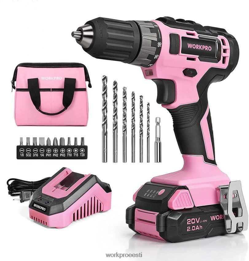 WORKPRO 20 V akutrelli draiveri komplekt koos kiirlaadija ja 11-tollise hoiukotiga roosa 68XH6P261 tööriist