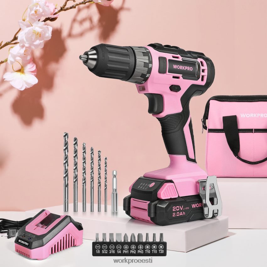 WORKPRO 20 V akutrelli draiveri komplekt koos kiirlaadija ja 11-tollise hoiukotiga roosa 68XH6P261 tööriist