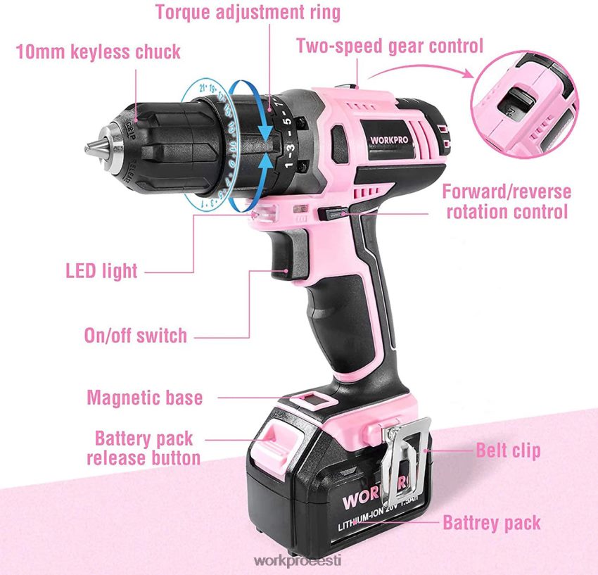 WORKPRO juhtmeta 20v liitium-ioon puurikeeraja komplekt roosa 68XH6P262 tööriist
