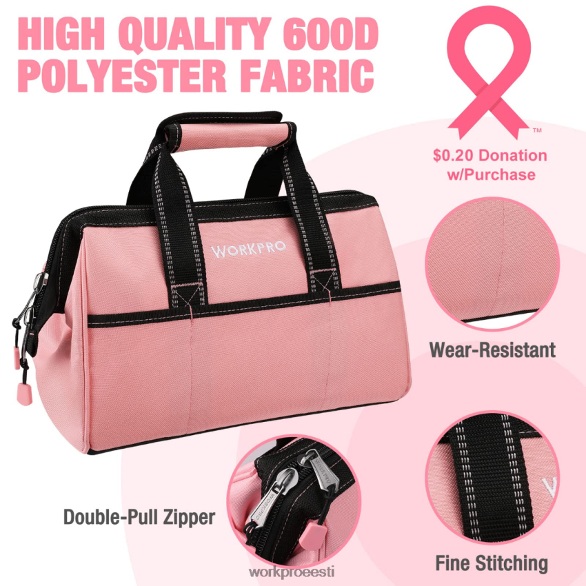 WORKPRO 13-tolline tööriistakott, pehmest riidest tööriistade hoiukotid roosa 68XH6P29 ladustamine