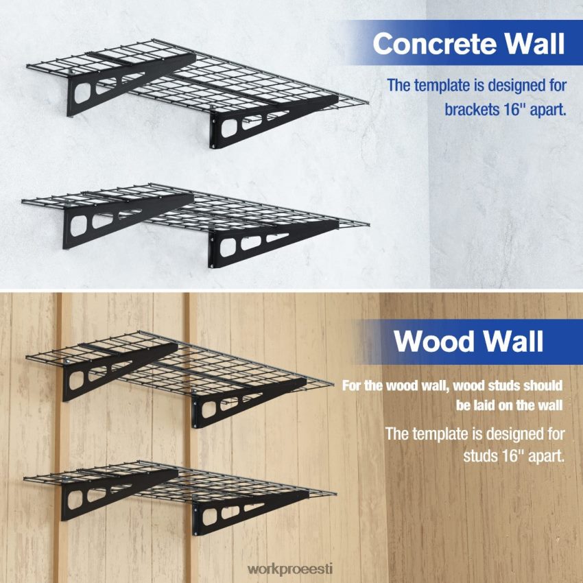 WORKPRO 2-pakk 2x4 jalga raskeveokite garaaži seinale kinnitatavad riiulid, kandevõime 400 naela (kokku) must 68XH6P14 ladustamine