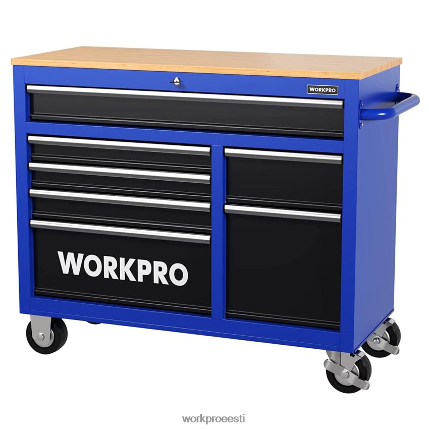 WORKPRO 42-tolline 7-sahtliline puidust ülaosaga veerev tööriistakast, mis on varustatud rataste, käepideme, sahtli voodri ja lukustussüsteemiga, kandevõime 1000 naela uus 68XH6P26 ladustamine