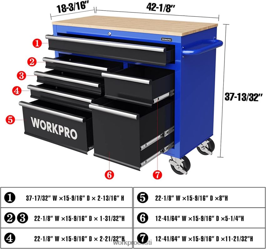 WORKPRO 42-tolline 7-sahtliline puidust ülaosaga veerev tööriistakast, mis on varustatud rataste, käepideme, sahtli voodri ja lukustussüsteemiga, kandevõime 1000 naela uus 68XH6P26 ladustamine