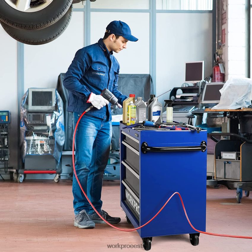 WORKPRO 4 sahtliga tööriistakast, 26-tolline veerevast metallist tööriistade hoiukapp ratastega, lukustussüsteem, sahtli vooder, kandevõime 450 naela morden 68XH6P17 ladustamine