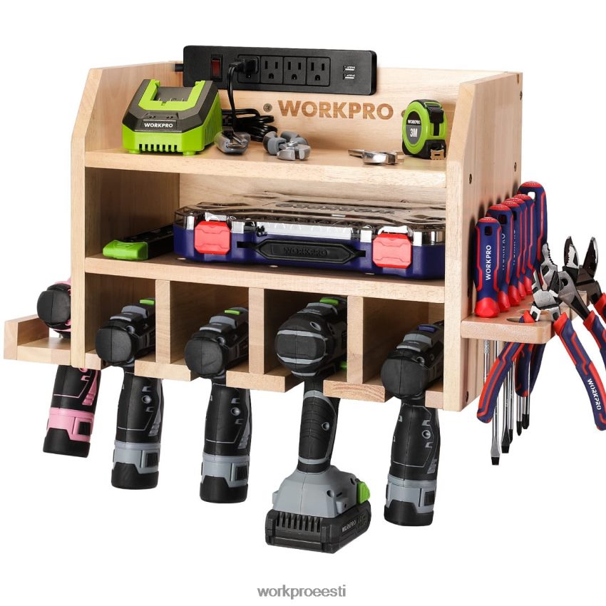 WORKPRO elektriliste tööriistade hoidik, akutrelli hoidiku hoidik seinakinnitus 5 puuri riputuspiluga, täispuidust tööriistahoidik abivalmis 68XH6P19 ladustamine